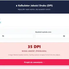 Kalkulator jakości druku pokazuje 35 DPI dla wydruku 70x50 cm, co oznacza niską jakość.